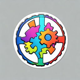 A round sticker designed with either a vividly colored puzzle piece or interlocking gears at the center, symbolizing problem-solving skills.