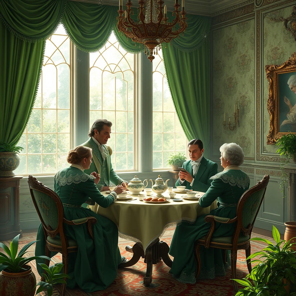 A magical Victorian era scene in Britain featuring a prince dressed in luxurious green attire, having tea with his advisors in an ornate, elegantly decorated room