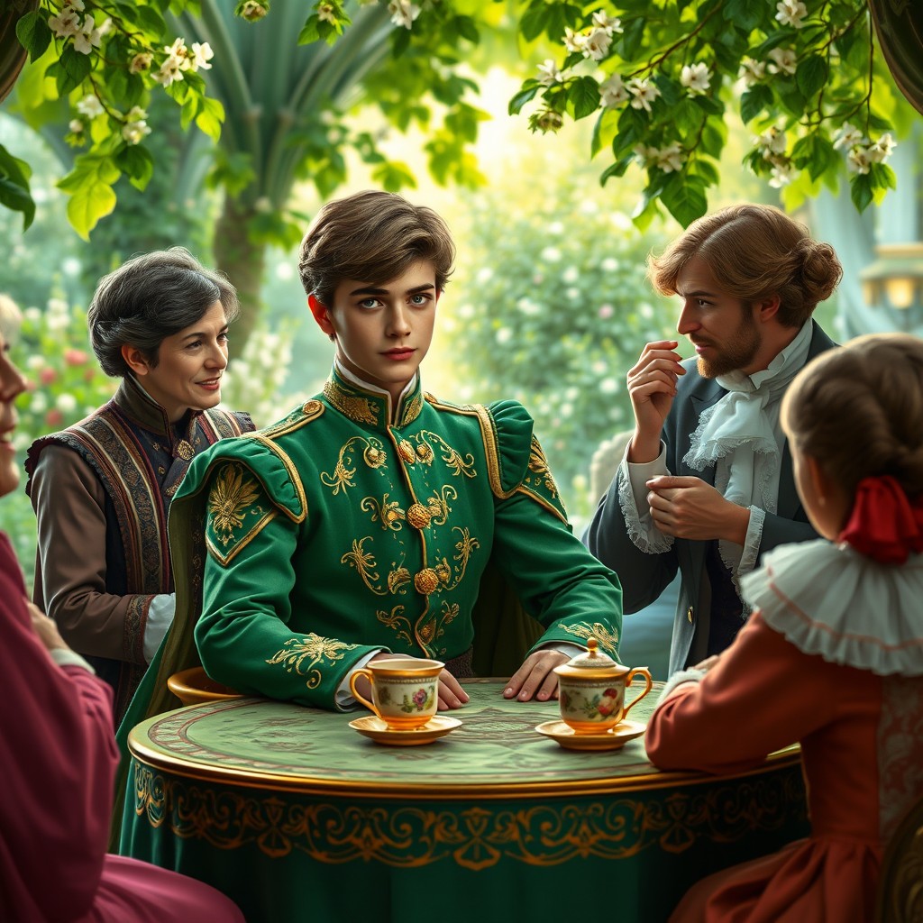 A young prince in a Victorian-era setting, exuding a magical aura, seated at an ornate green-tinted tea table with intricate designs
