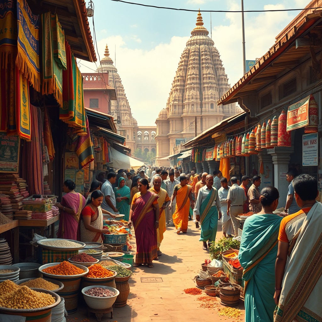 A traditional scene depicting the culture of Madras (Chennai), India, showcasing a vibrant market with colorful textiles, local handicrafts, and spices