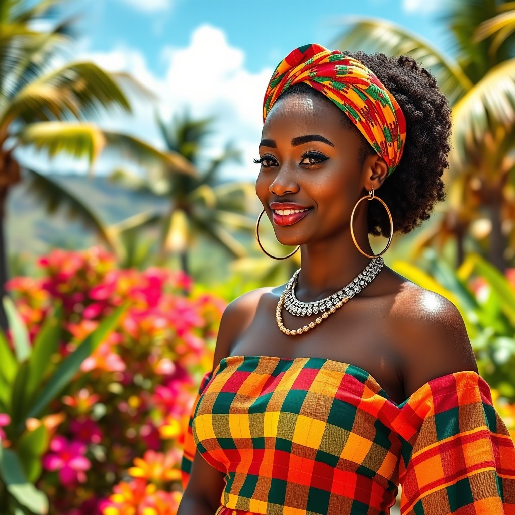 A vibrant depiction of the traditional Madras attire from Martinique, featuring a beautiful woman dressed in a colorful Madras dress characterized by its bright plaid patterns