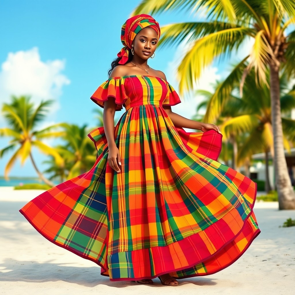 Traditional Martinican madras outfit, featuring vibrant plaid patterns in bright colors like red, yellow, green, and blue