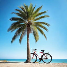 A vivacious image of a tall palm tree with an Elops 500 speed bike elegantly leaning against its trunk, under a brilliant blue sky.