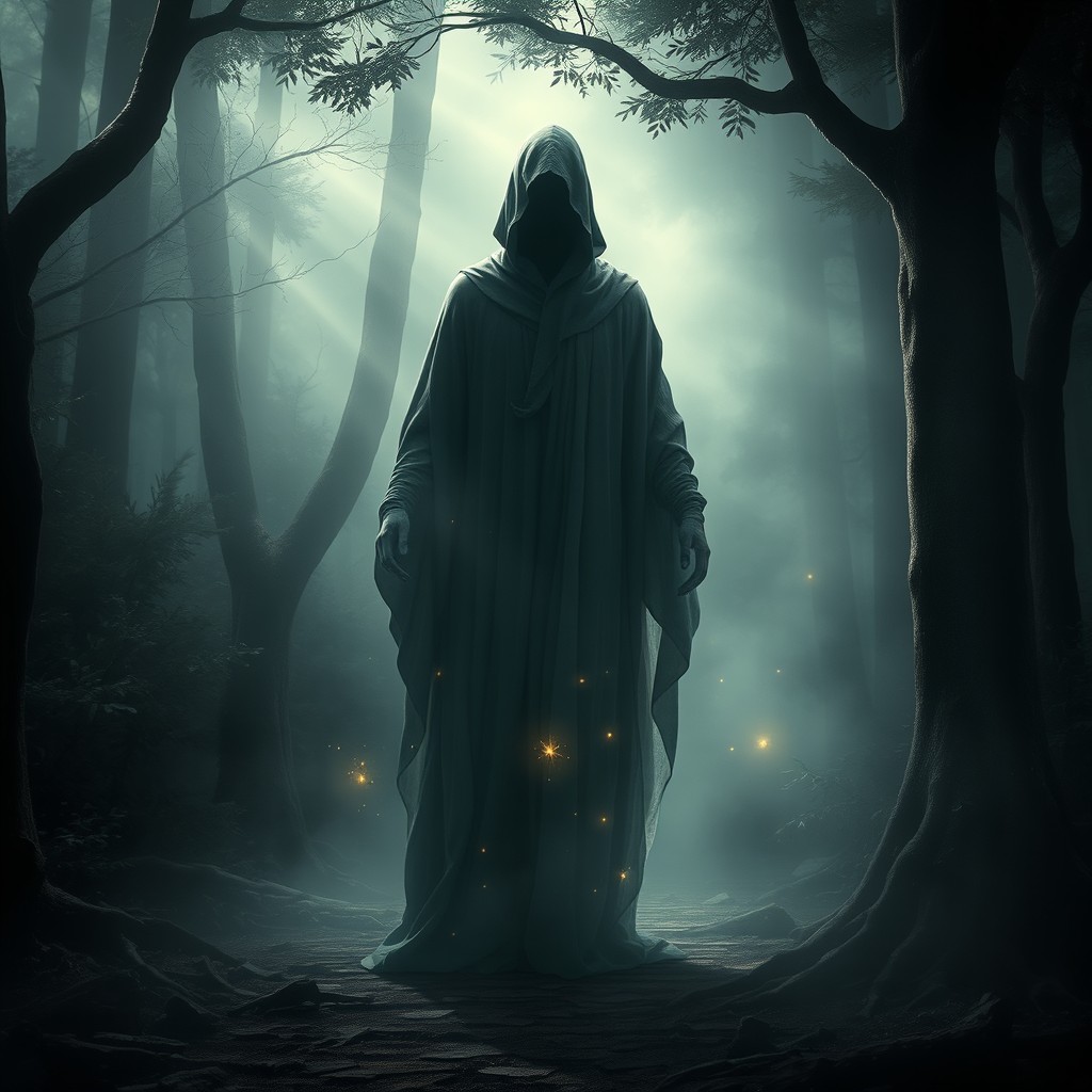 A mysterious and ethereal figure standing in a misty forest, surrounded by wisps of fog and soft, diffused light filtering through the trees