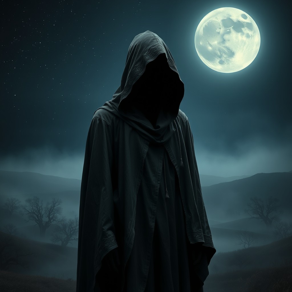 A mysterious, hooded figure shrouded in dark, tattered robes standing under a starry night sky