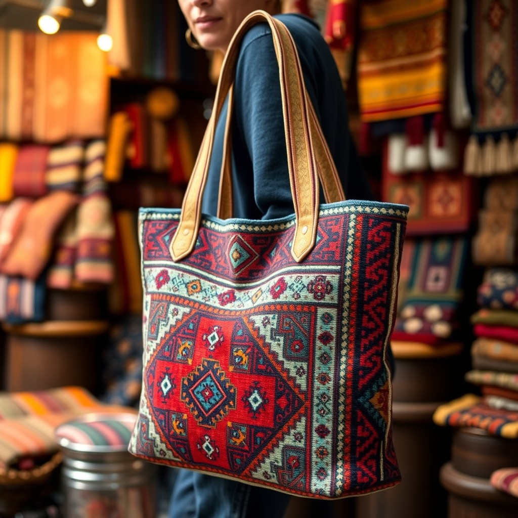 A stylish tote bag designed from a vibrant Turkish rug, showcasing intricate patterns and rich colors typical of Turkish textiles