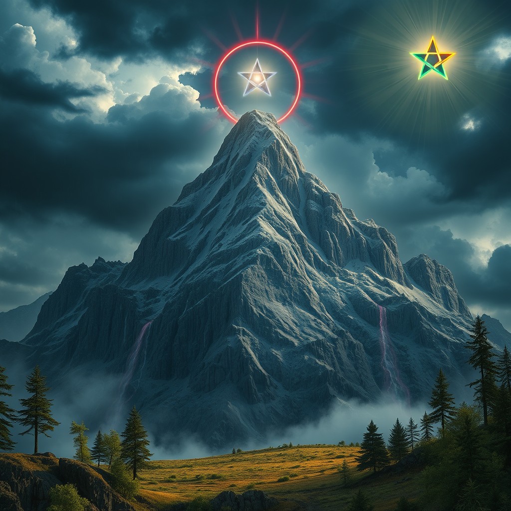 A strong and proud mountain standing tall against a devastating storm, embodying resilience and honor