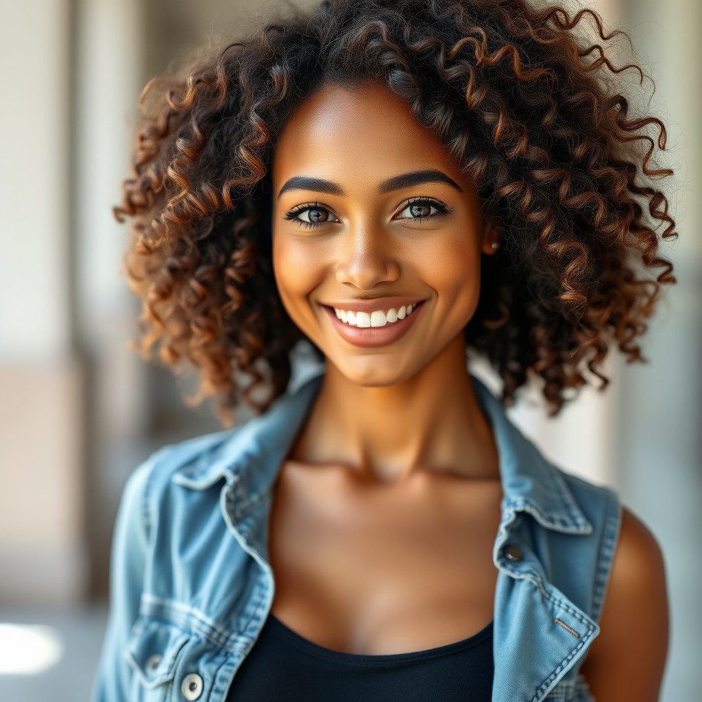 A beautiful portrait of a woman with curly brown hair, showcasing her vibrant personality