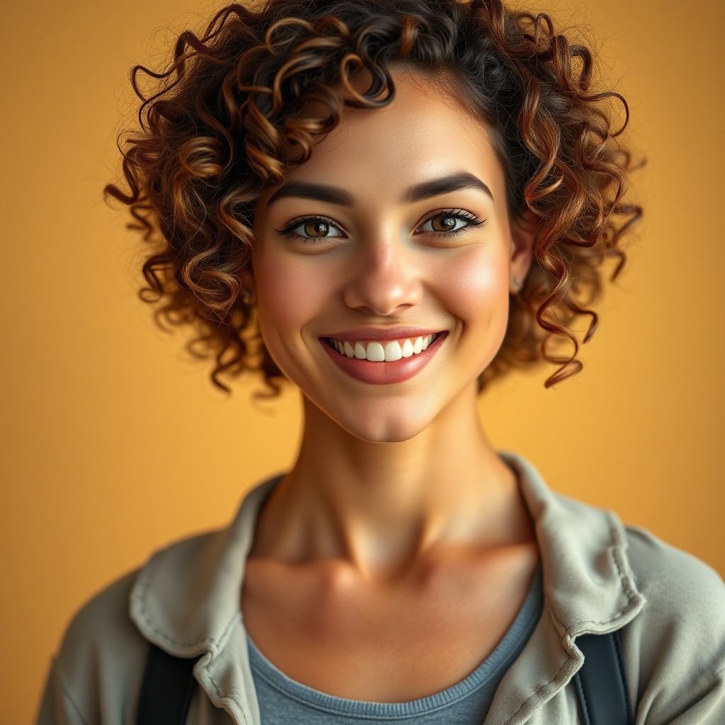 A stunning portrait of a woman with curly brown hair and fair skin, exuding confidence and charm
