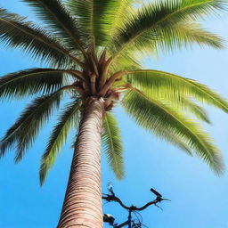 A vivacious image of a tall palm tree with an Elops 500 speed bike elegantly leaning against its trunk, under a brilliant blue sky.