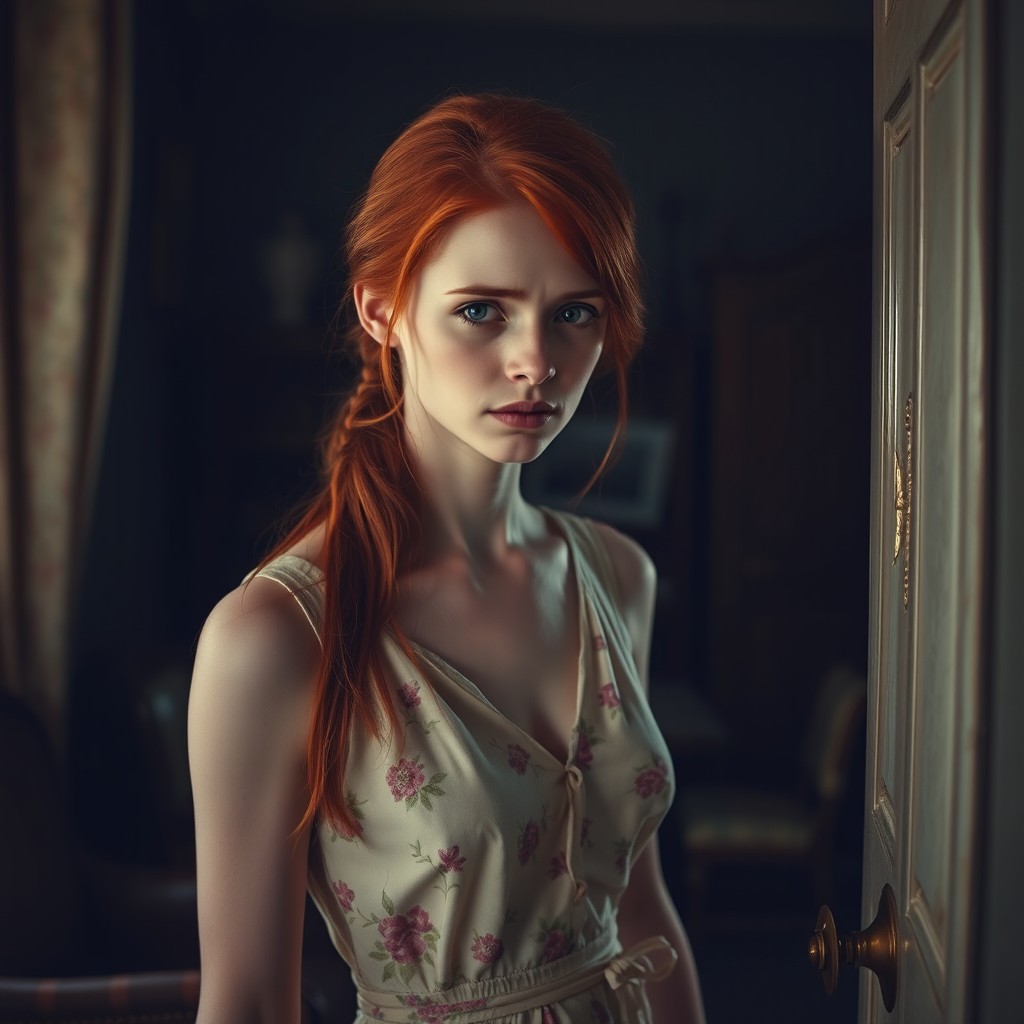 A slender red-haired woman with a sad expression, wearing a cream-colored floral dress, standing in the corner of an old, dimly lit room