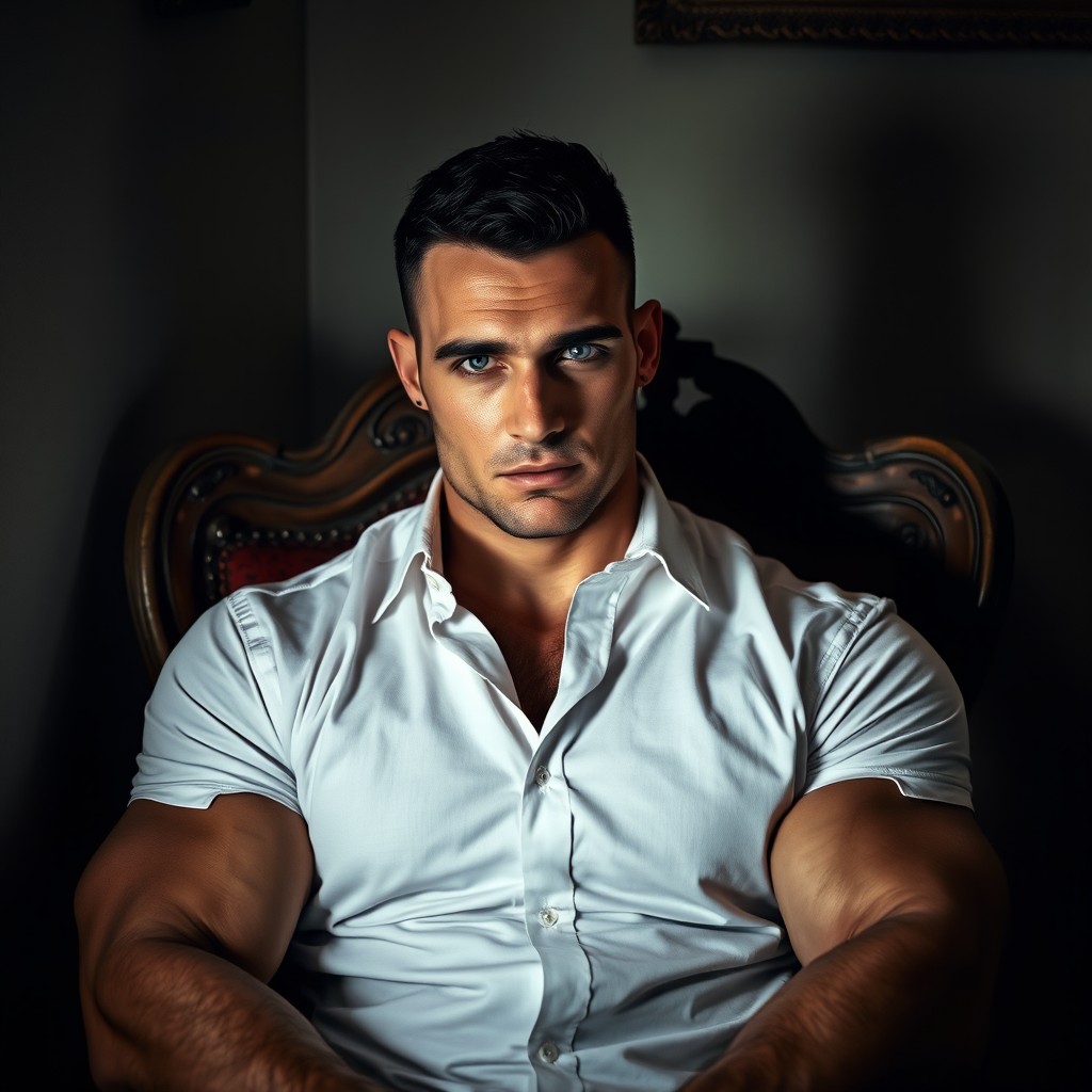 A strong man with crystal blue eyes and short black hair, sitting comfortably in an antique chair in the corner of a dimly lit room