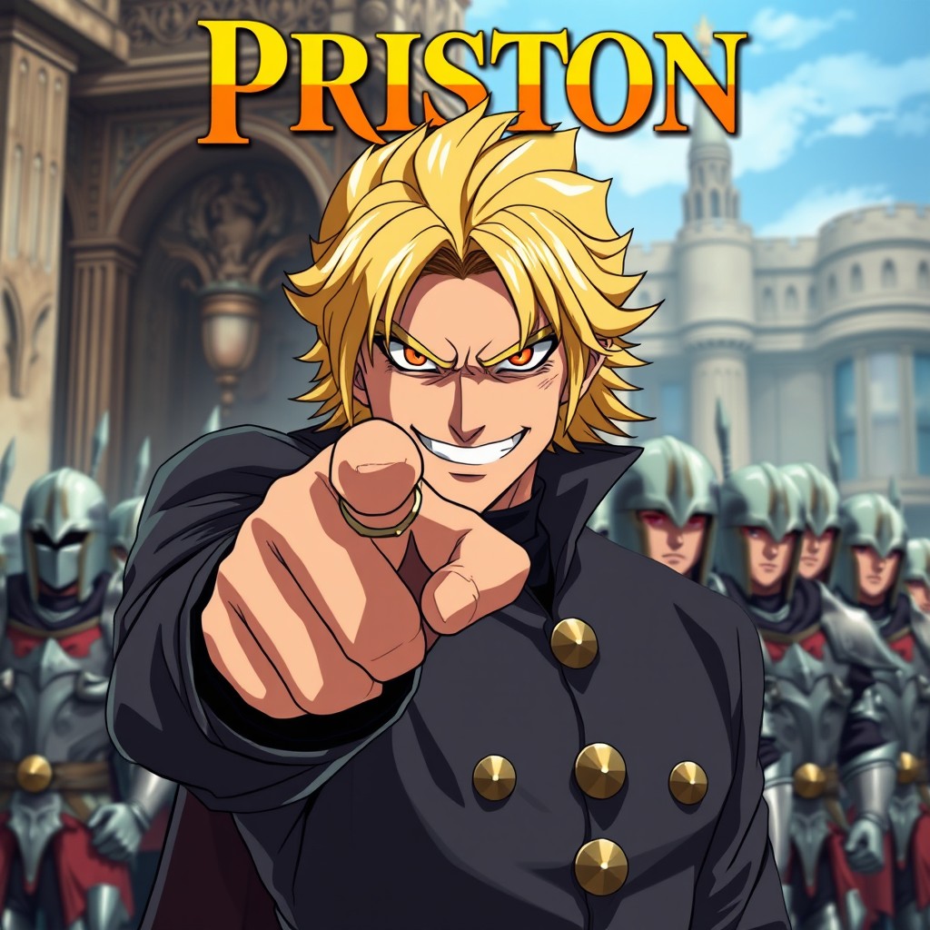 In an anime style, the title 'Priston' is prominently displayed in an eye-catching golden font at the top