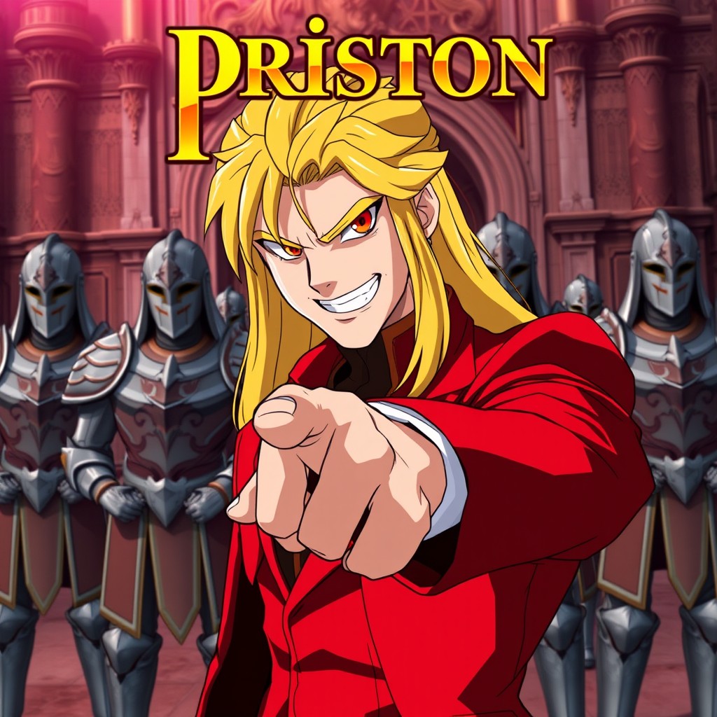 In an anime style, the title 'Priston' is prominently displayed in an eye-catching golden font at the top