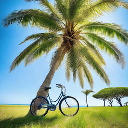 A vivacious image of a tall palm tree with an Elops 500 speed bike elegantly leaning against its trunk, under a brilliant blue sky.