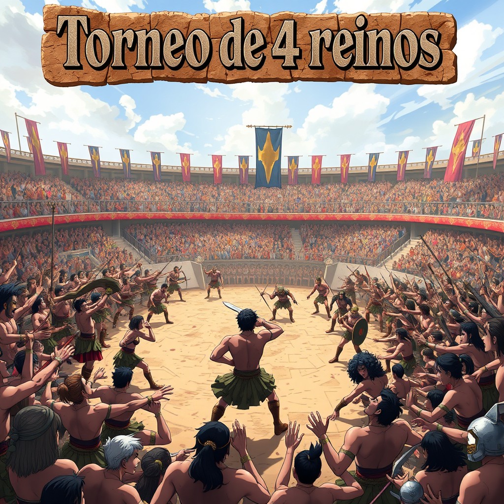 In an anime style, the title 'Torneo de 4 reinos' is prominently displayed in a stone-like texture at the top