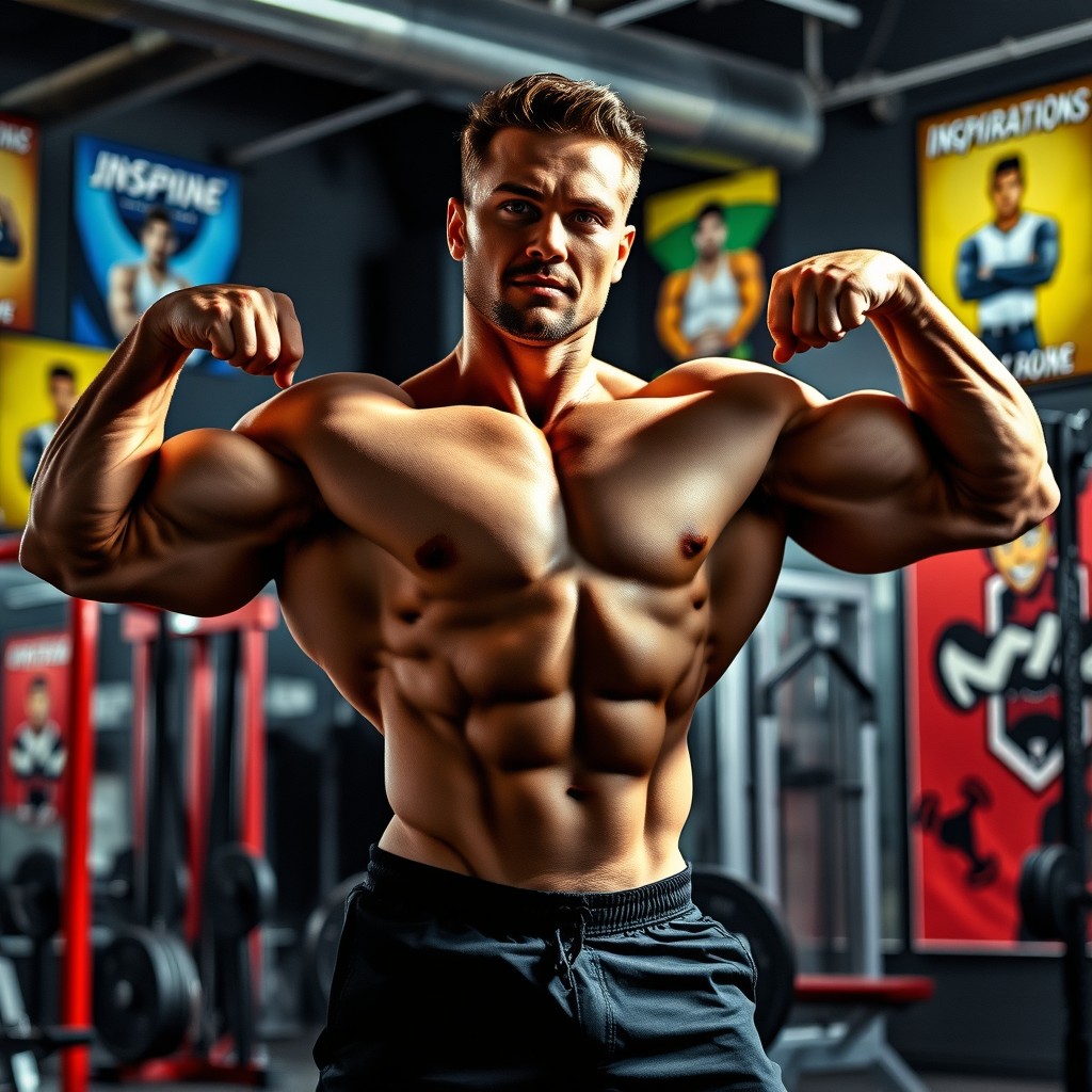 A powerful and muscular bodybuilder posing confidently in a dynamic gym environment
