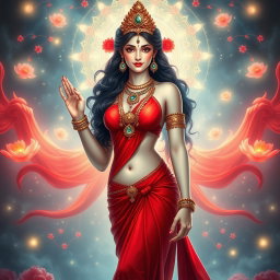 A stunning divine Apsara with glowing milk-like skin, adorned with exquisite jewelry around her neck and delicate payal on her feet