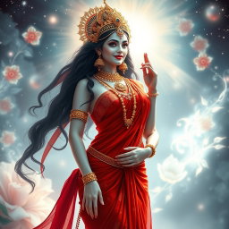 A stunning divine Apsara with glowing milk-like skin, adorned with exquisite jewelry around her neck and delicate payal on her feet