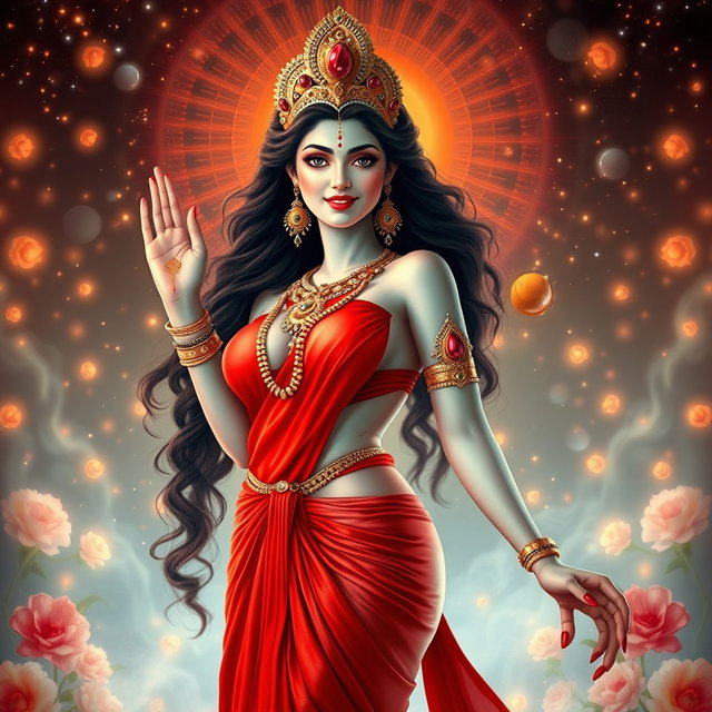 A stunning divine Apsara with glowing milk-like skin, adorned with exquisite jewelry around her neck and delicate payal on her feet