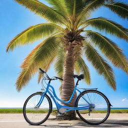 A vivacious image of a tall palm tree with an Elops 500 speed bike elegantly leaning against its trunk, under a brilliant blue sky.