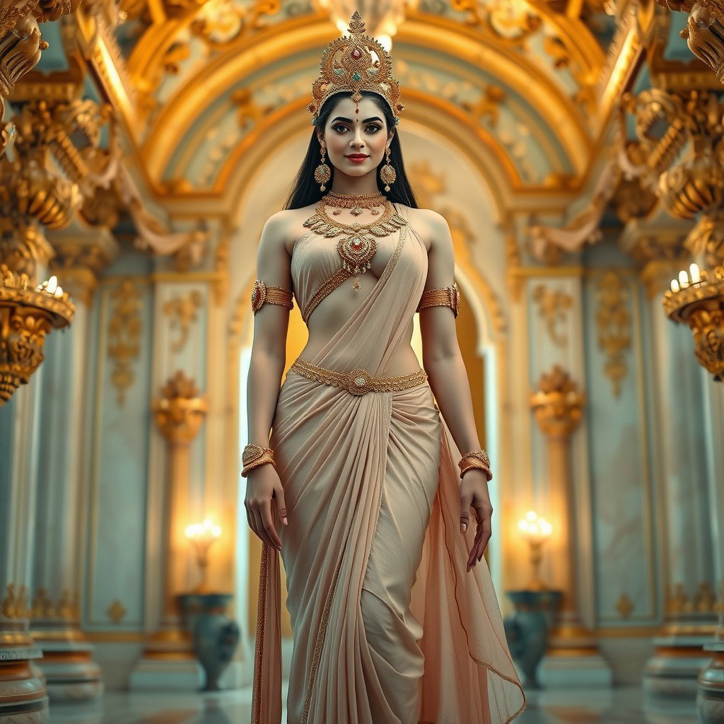 A stunning and divine apsara, featuring a beautiful milk-glow skin tone, stands gracefully in an opulent palace in Swarglok