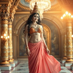 A stunning and divine apsara, featuring a beautiful milk-glow skin tone, stands gracefully in an opulent palace in Swarglok