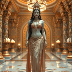 A stunning and divine apsara, featuring a beautiful milk-glow skin tone, stands gracefully in an opulent palace in Swarglok