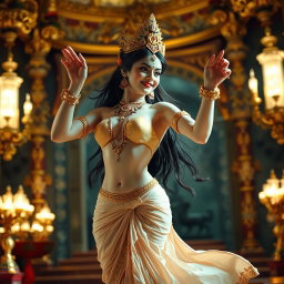 A breathtakingly beautiful apsara with a milk-glow skin tone, showcasing her divine beauty as she engages in a graceful and alluring dance in a lavish palace in Swarglok