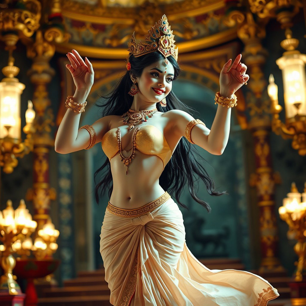 A breathtakingly beautiful apsara with a milk-glow skin tone, showcasing her divine beauty as she engages in a graceful and alluring dance in a lavish palace in Swarglok