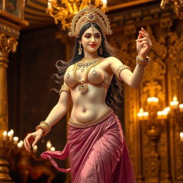 A breathtakingly beautiful apsara with a milk-glow skin tone, showcasing her divine beauty as she engages in a graceful and alluring dance in a lavish palace in Swarglok