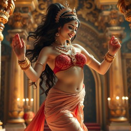 A breathtakingly beautiful apsara with a milk-glow skin tone, showcasing her divine beauty as she engages in a graceful and alluring dance in a lavish palace in Swarglok