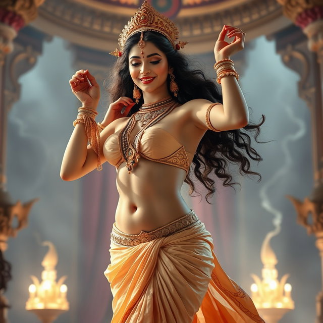 A breathtakingly beautiful apsara with a milk-glow skin tone, showcasing her divine beauty as she engages in a graceful and alluring dance in a lavish palace in Swarglok