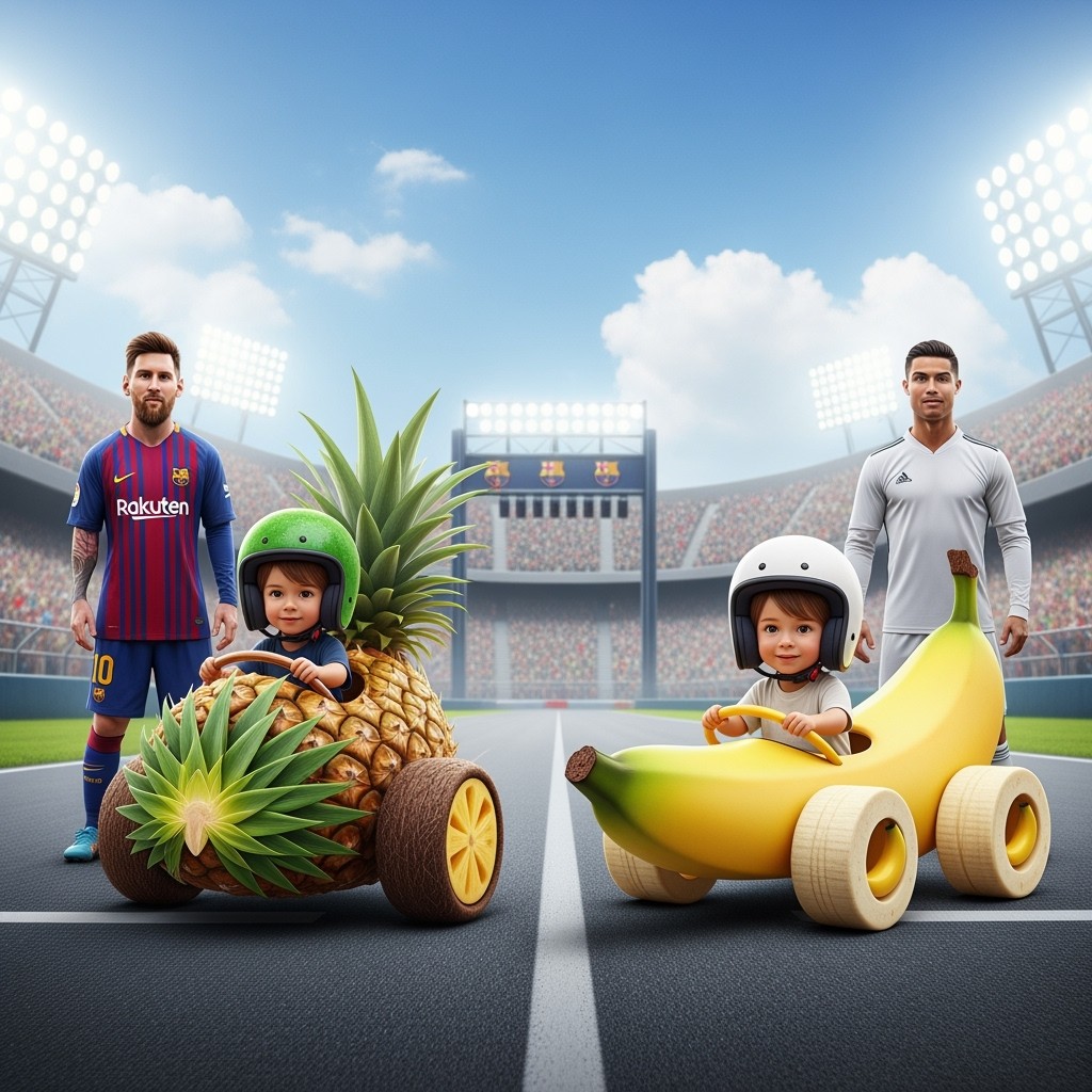A vibrant race scene depicting Messi's son racing in a whimsical pineapple car featuring sharp green leaves and coconut wheels