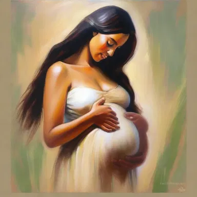 The artist depicted a beautiful painting of a serene pregnant woman, representing the joy and anticipation of being with child.