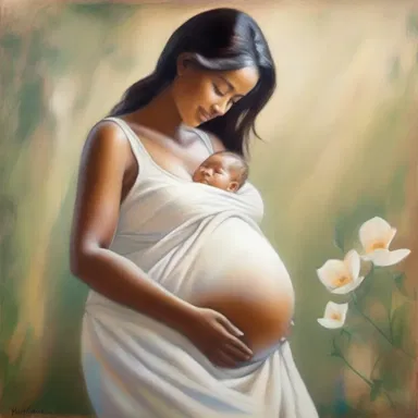 The artist depicted a beautiful painting of a serene pregnant woman, representing the joy and anticipation of being with child.