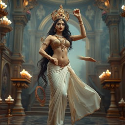 A captivating scene featuring a beautiful apsara with divine, milk-glow skin, adorned with exquisite jewelry around her neck and delicate payal on her feet