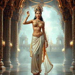 A captivating scene featuring a beautiful apsara with divine, milk-glow skin, adorned with exquisite jewelry around her neck and delicate payal on her feet