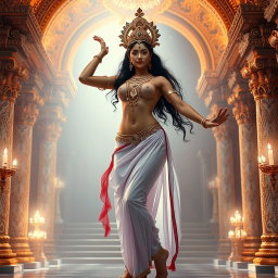 A captivating scene featuring a beautiful apsara with divine, milk-glow skin, adorned with exquisite jewelry around her neck and delicate payal on her feet