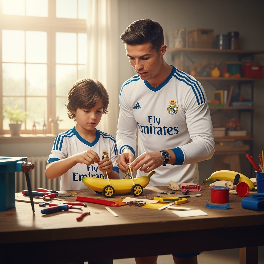 A realistic scene capturing Ronaldo and his son working together to craft a banana car