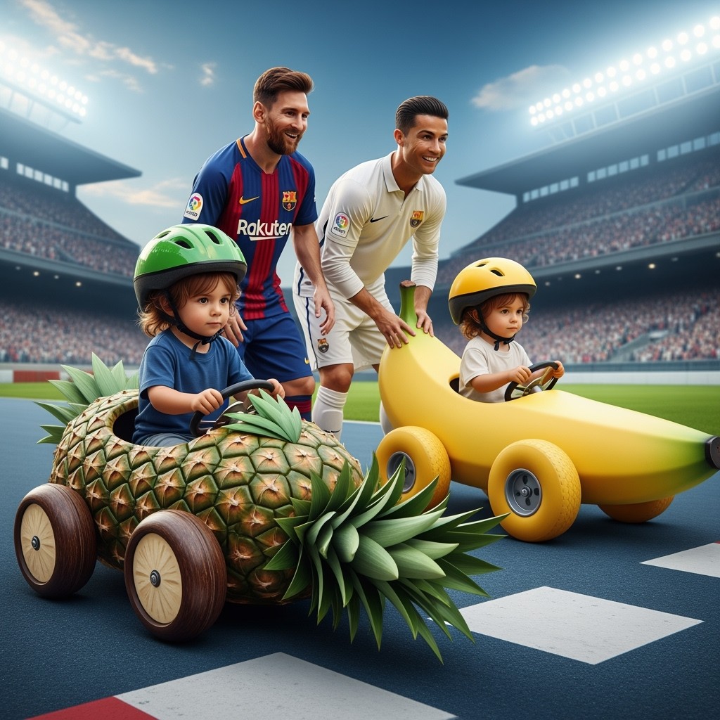 A vibrant race scene featuring Messi's son racing in a unique pineapple car adorned with sharp green leaves and coconut wheels