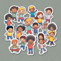 Assorted colorful stickers featuring diverse children happily working together on various projects, symbolizing collaboration and teamwork.