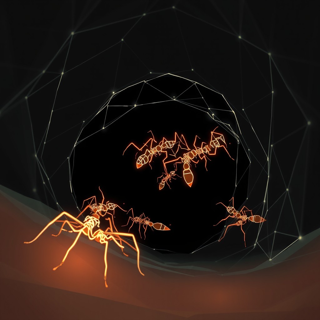 A wireframe geometric digital illustration depicting ants emerging from a deep, dark subterranean tunnel