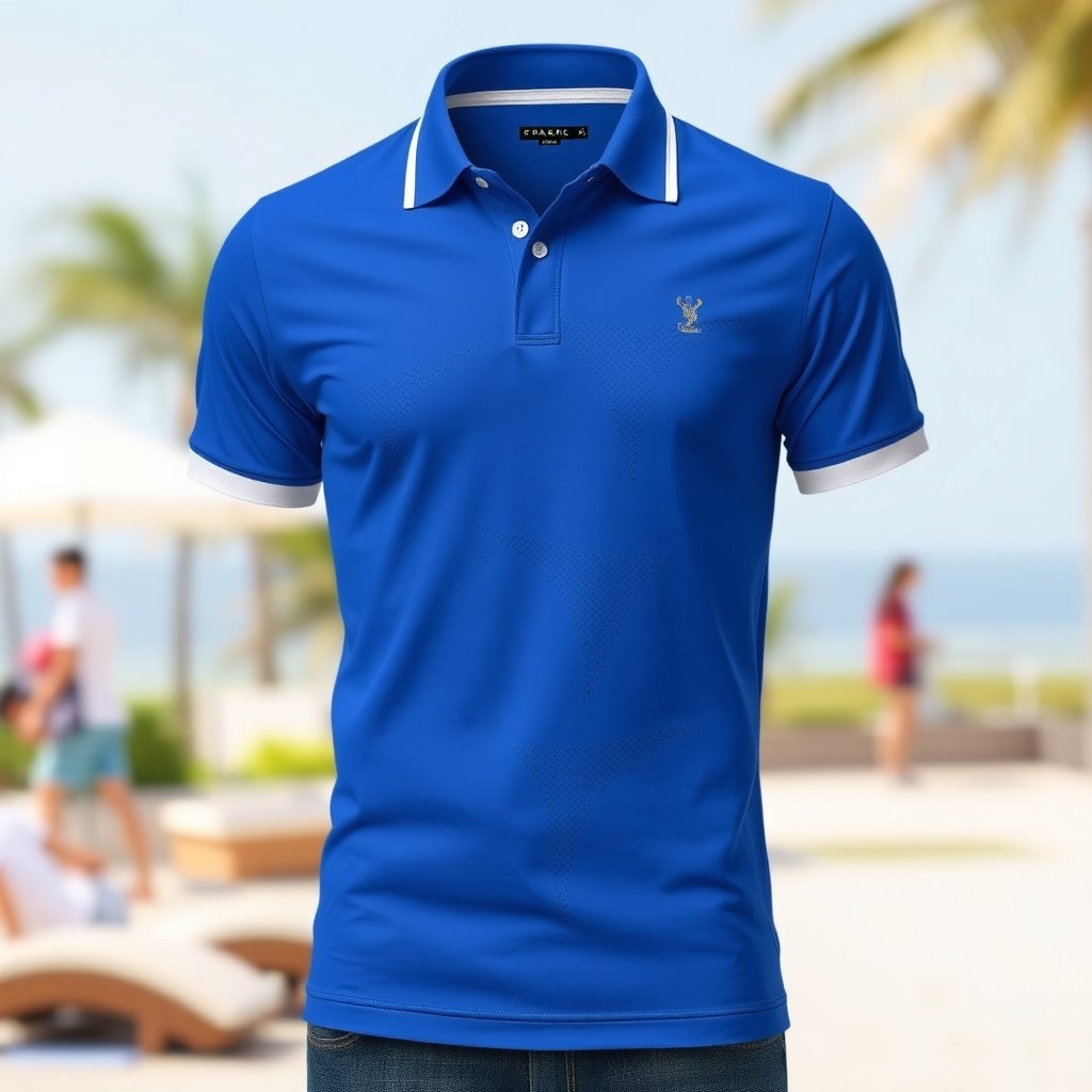A stylish and modern polo t-shirt designed for casual wear, featuring a vibrant color like royal blue with contrasting white collar and sleeves