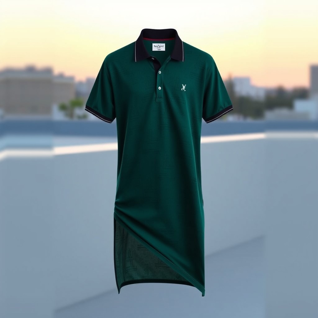 A trendy long polo t-shirt, featuring a stylish design in a rich emerald green color with a contrasting black collar and button placket