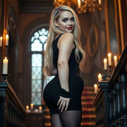 A full-length photographic image of a voluptuously curvy 18-year-old woman with long blond hair and striking crystal blue eyes