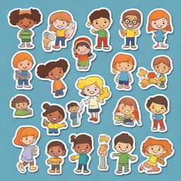 Assorted colorful stickers featuring diverse children happily working together on various projects, symbolizing collaboration and teamwork.