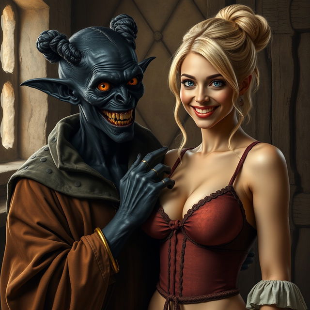 In a medieval room, depicting an evil, malnourished woman with very dark skin, approximately 30 years old and of short stature