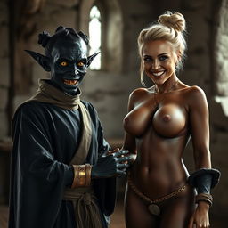 In a medieval room, featuring an evil, malnourished woman with very dark skin, around 30 years old and short in stature