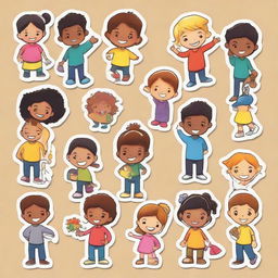 Assorted colorful stickers featuring diverse children happily working together on various projects, symbolizing collaboration and teamwork.